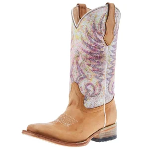 Circle G Kids Tan/White Embroidery Square Toe Boot