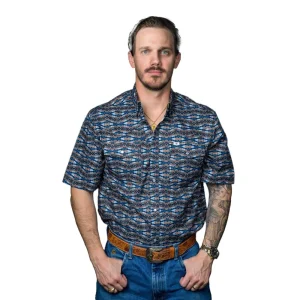 Ferrell Brands Inc Mens Blue Print Vented Short Sleeve Shirt