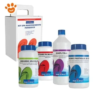 Lapi Piscina Semplice – Kit SPA di Avviamento e Mantenimento Periodico – (kit con 4 prodotti) Ossigeno Granulare, Bromo in Pastiglie, Correttore PH- Meno, Simply Blu