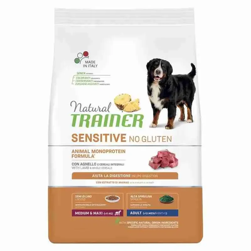 NATURAL TRAINER DOG CROCCHETTE CANE SENSITIVE MONOPROTEIN NO GLUTEN MEDIUM MAXI AGNELLO 12 KG.