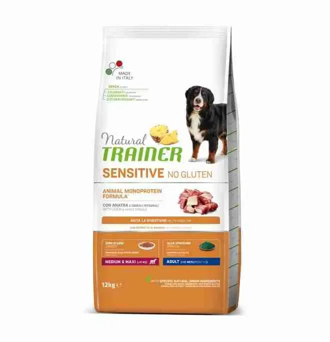 NATURAL TRAINER DOG CROCCHETTE CANE SENSITIVE MONOPROTEIN NO GLUTEN MEDIUM MAXI ANATRA 12 KG.