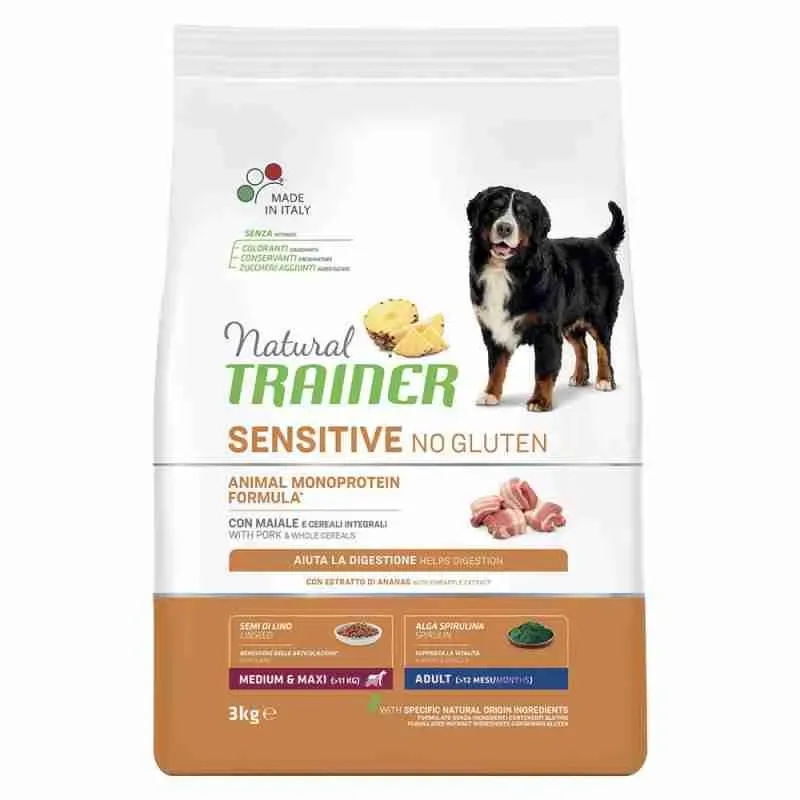 NATURAL TRAINER DOG CROCCHETTE CANE SENSITIVE MONOPROTEIN NO GLUTEN MEDIUM MAXI MAIALE 3 KG.