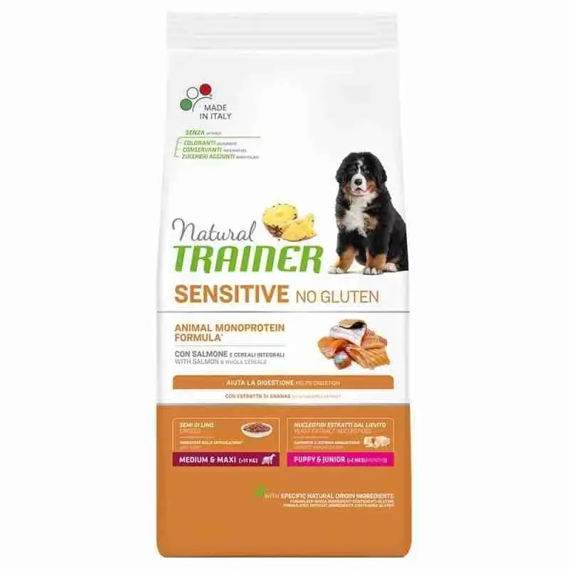 NATURAL TRAINER DOG CROCCHETTE CANE SENSITIVE MONOPROTEIN NO GLUTEN MEDIUM MAXI PUPPY JUNIOR KG 3 SALMONE.