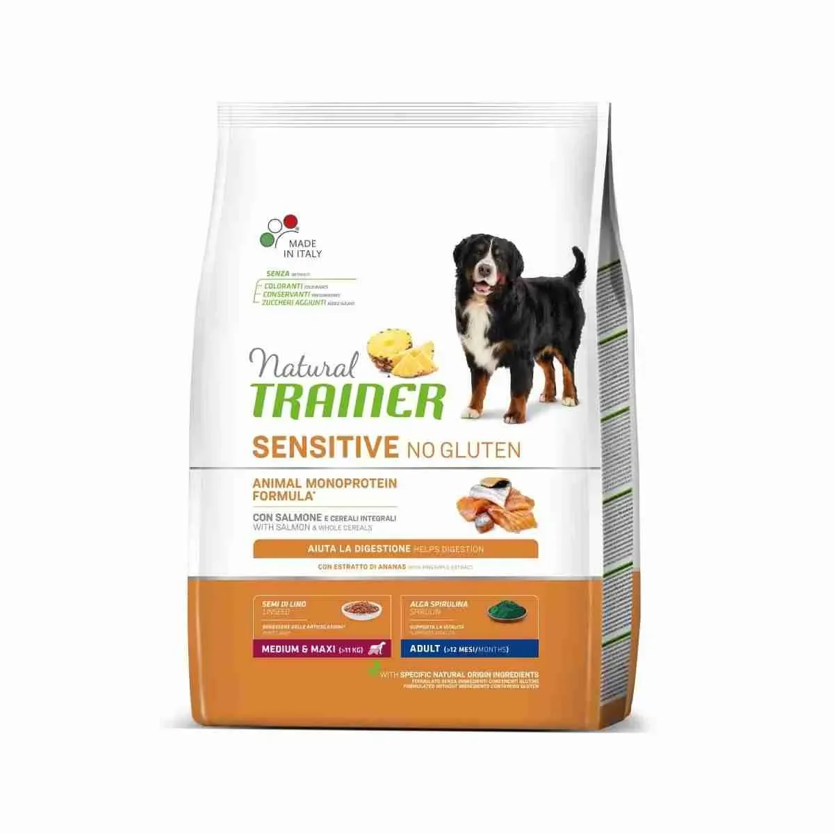NATURAL TRAINER DOG CROCCHETTE CANE SENSITIVE MONOPROTEIN NO GLUTEN MEDIUM MAXI SALMONE 12 KG.