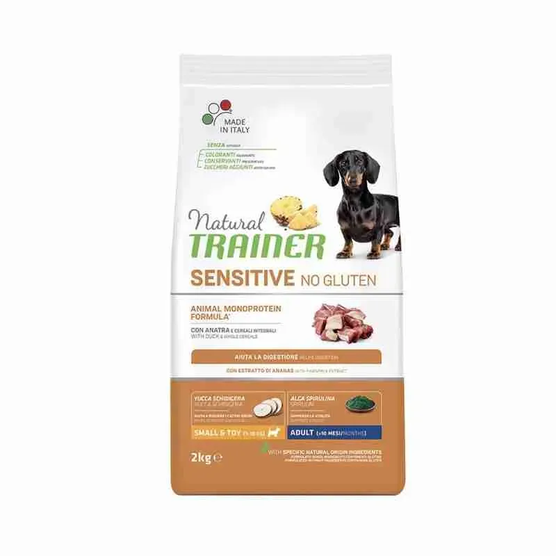 NATURAL TRAINER DOG CROCCHETTE CANE SENSITIVE MONOPROTEIN NO GLUTEN SMALL TOY ANATRA 2 KG.