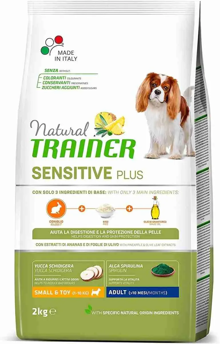 NATURAL TRAINER DOG CROCCHETTE CANE SENSITIVE MONOPROTEIN NO GLUTEN SMALL TOY CONIGLIO KG 2.