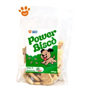 Power Biscò Dog Snack Deliziosi Biscotti per Cani al Gusto Erbe e Salsiccia
