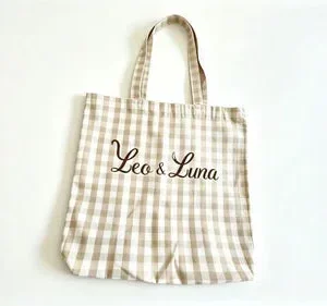 Shopper Cotone Quadretto Beige Ricamo Leo &amp; Luna
