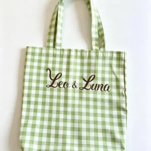 Shopper Cotone Quadretto Pistacchio Ricamo Leo &amp; Luna