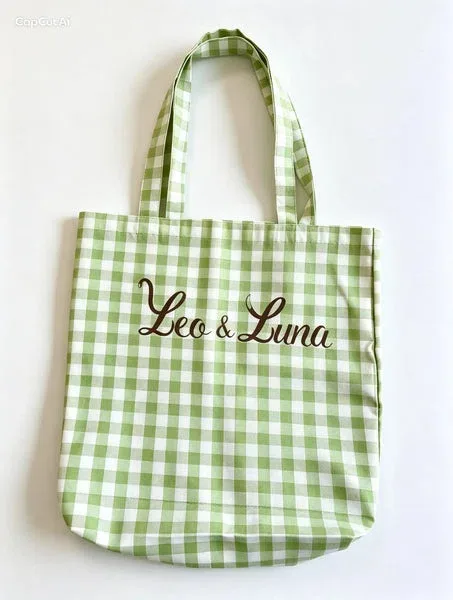 Shopper Cotone Quadretto Pistacchio Ricamo Leo & Luna