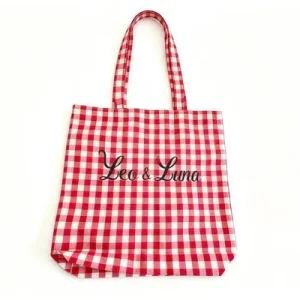 Shopper Cotone Quadretto Rosso Ricamo Leo &amp; Luna