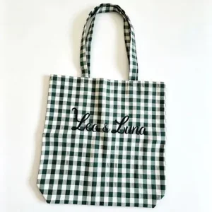 Shopper Cotone Quadretto Verde Ricamo Leo &amp; Luna
