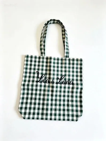Shopper Cotone Quadretto Verde Ricamo Leo & Luna